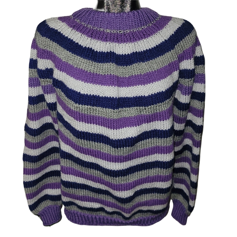 Handmade Striped Purple, Gray And Blue Knit Crew Neck Sweater